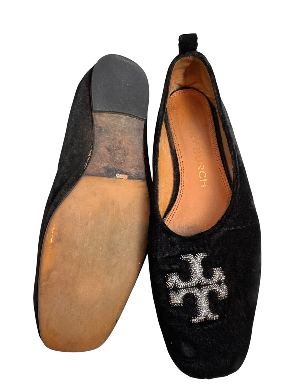 Tory Burch Eleanor Black Velvet Flats with Crystal Logo 8.5 - Picture 2 of 5